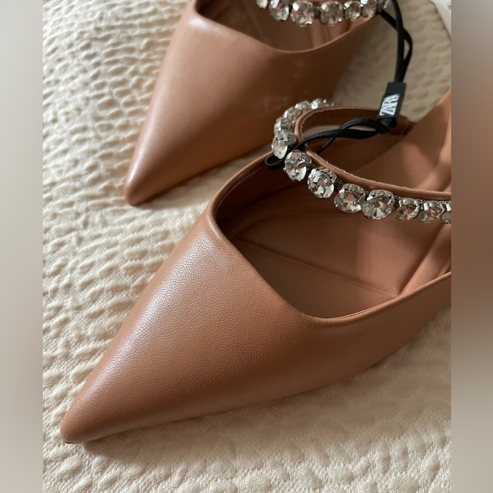 NWT New ZARA Camel Tan Rhinestone Slingback Flat 36 Blogger Favorite